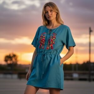 Uncle Frank Boho Linen Bird Embroidered Short Sleeve Mini Dress Large Blue
